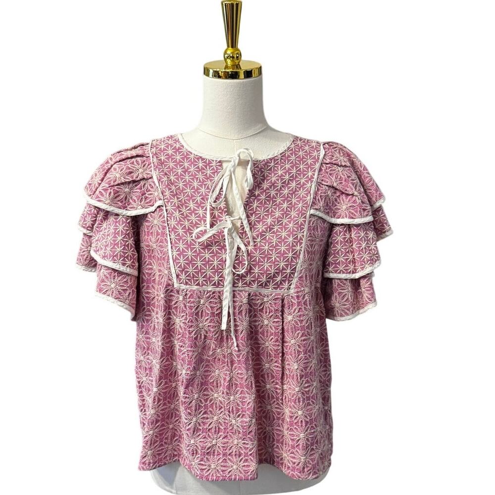 Marie Oliver Dusty Rose Embroidered Cotton Blouse Ruffle Sleeve Boho Medium - Picture 2 of 7